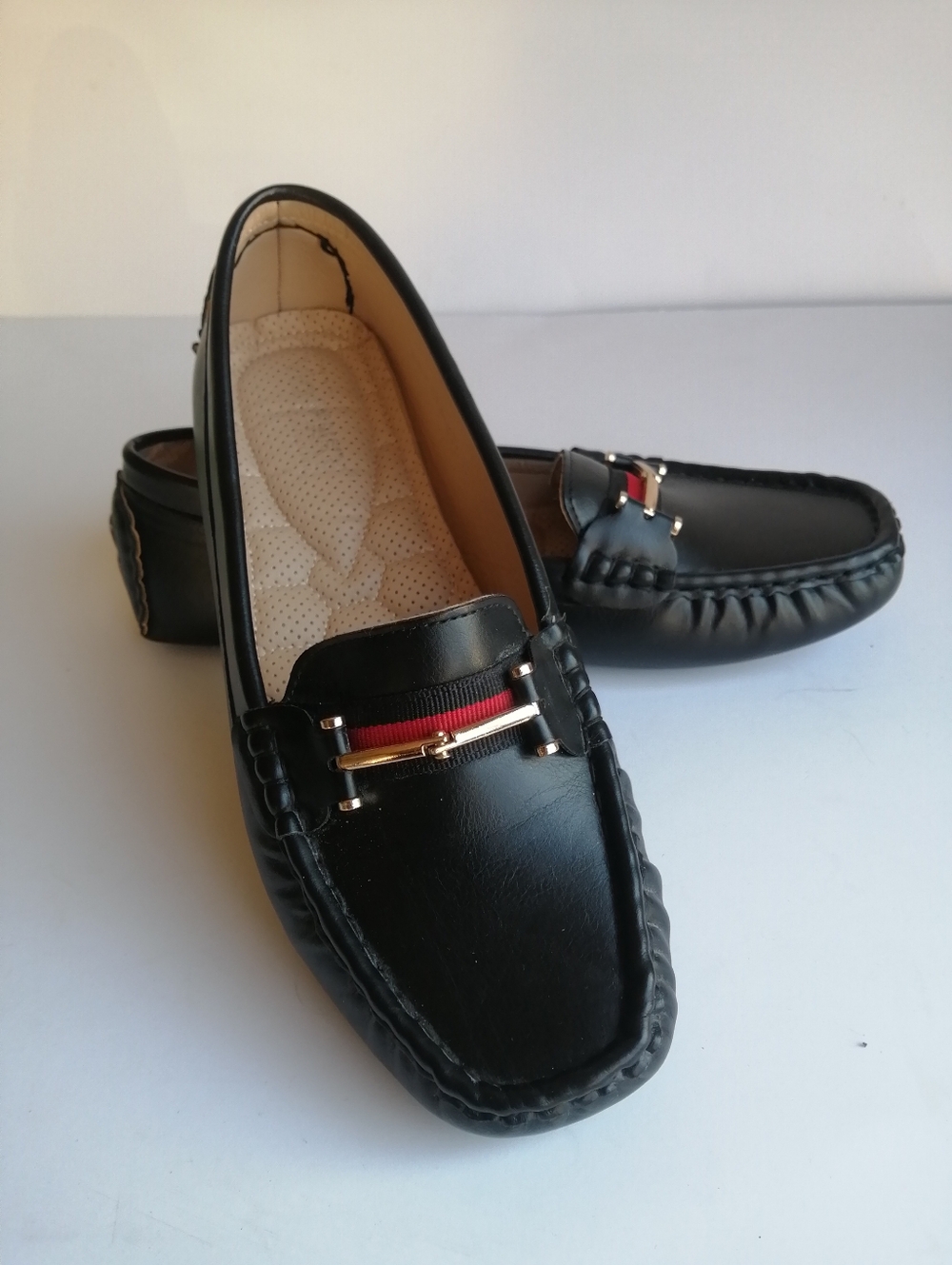 Women's Black Faux Leather Slip-On Driving Loafers with Red Accent